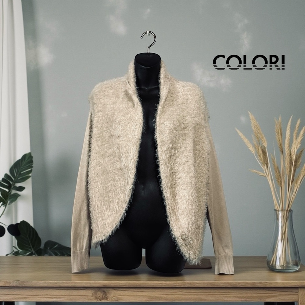 Colori, Champagne Fuzzy Knit Cardigan, Size L, Open Front, Soft Textured Panel